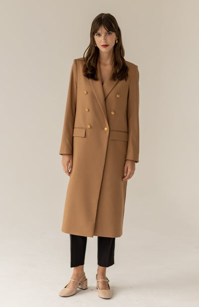 Double-breasted carmel coat