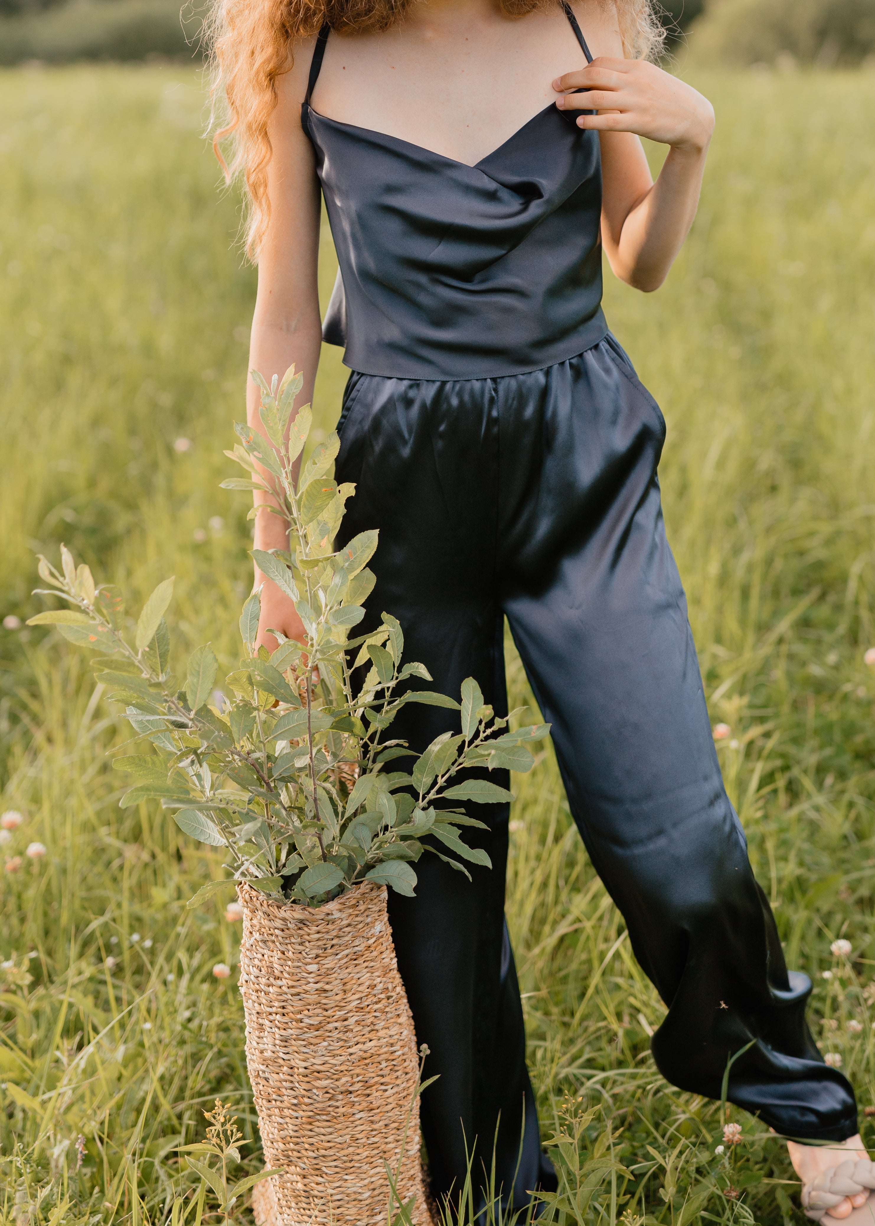 Pure silk V-neck top and wide leg pants set