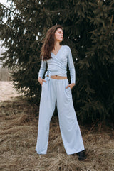 Organic Cotton Flowy Pants and Wrap Top set - Light blue